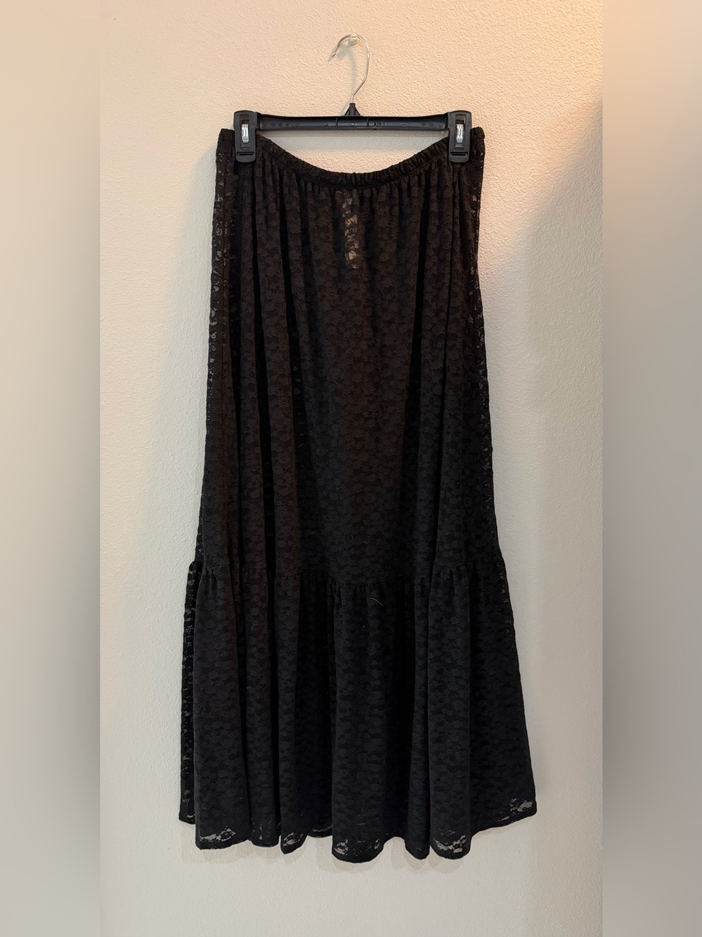 Aerie Black Transparent Lace Tiered Maxi Skirt with Elastic Waist